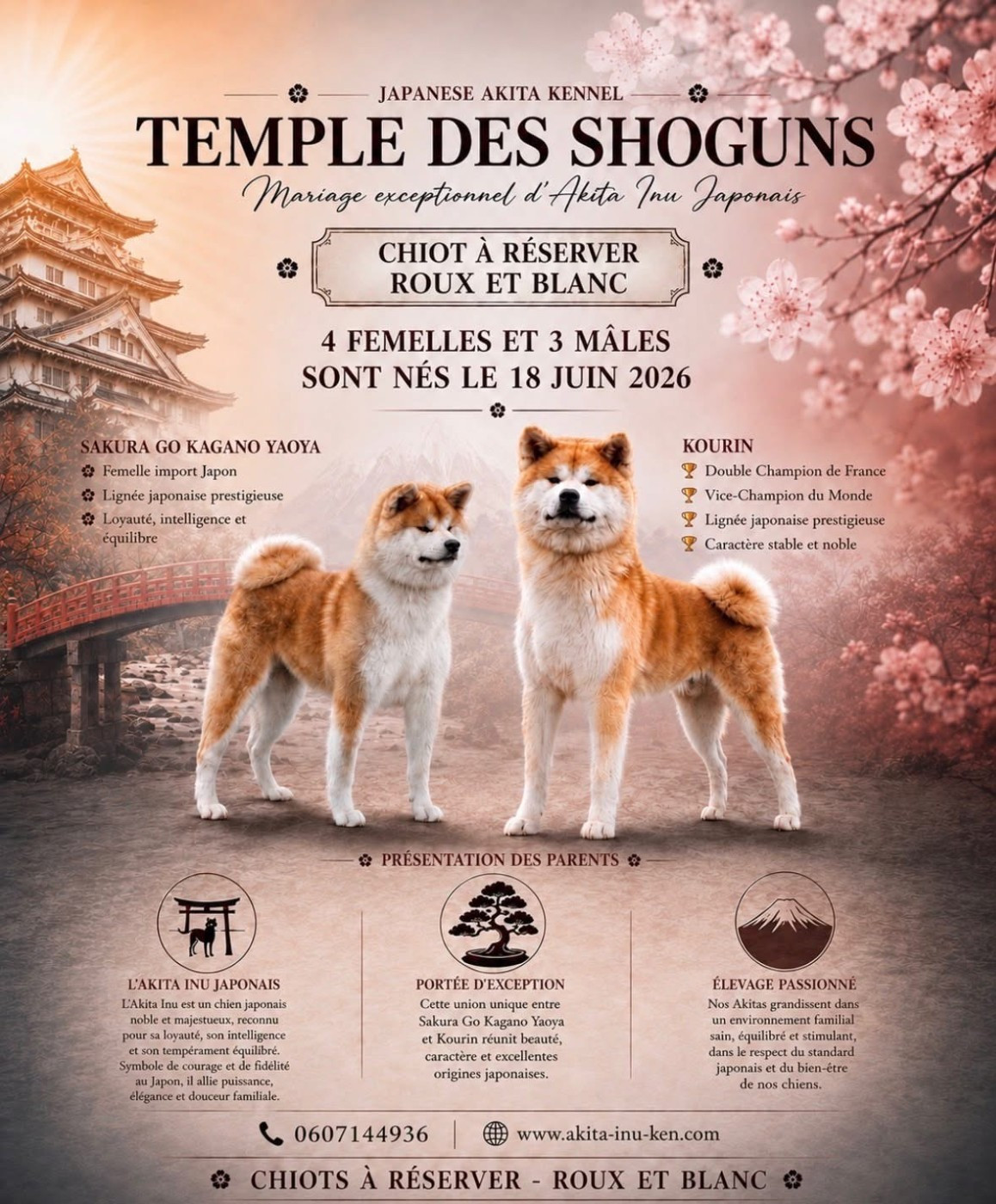 A réserver chiots AKITA INU issu d'un mariage fantastique entre SAKURA et KOURIN DU TEMPLE DES SHOGUNS.